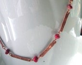 Hancrafted Copper Necklace, Bracelet, Earrings Set. Pink Imperial Jasper Gemstones, Pounded Metal, Handmade Chain and Clasp