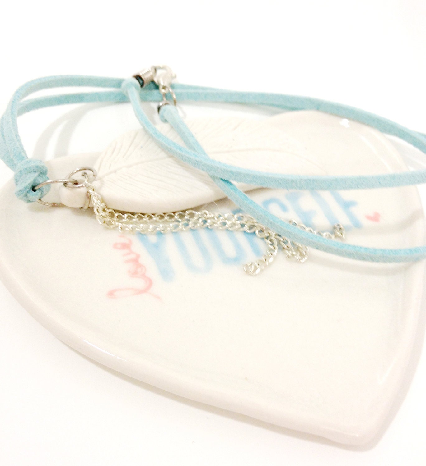 Porcelain Jewelry Heart Dish in White, Blue and Pink with Writing "Love Yourself" READY TO SHIP