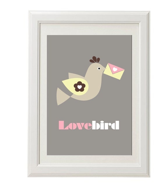 lovebird, love message, bird, 8''x10'', free shipping, home decor, romantic words, pastel gray