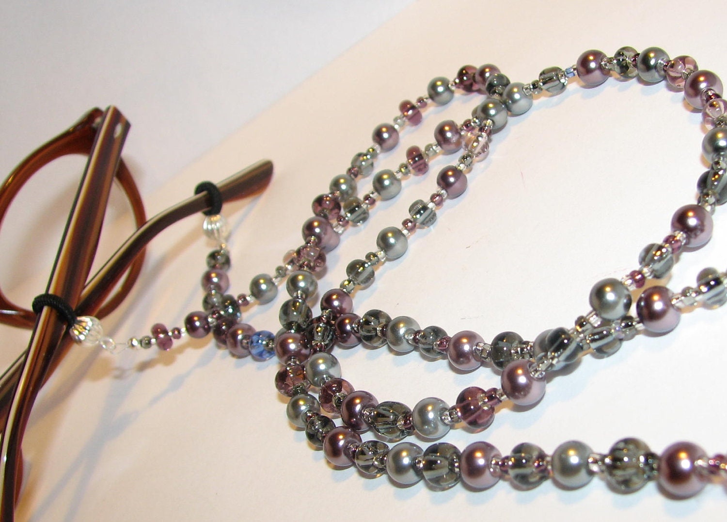 Shades of Gray and Purple Pearls Beaded Eyeglass Chain Office ID Badge Lanyard eyeglass lanyard id eyeglasses chain holder