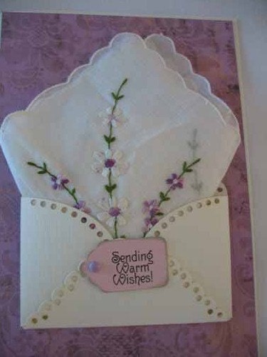 Vintage Embroidered Wedding Handkerchief Bridal Shower Friend Birthday Lavender Floral Hanky Greeting Card