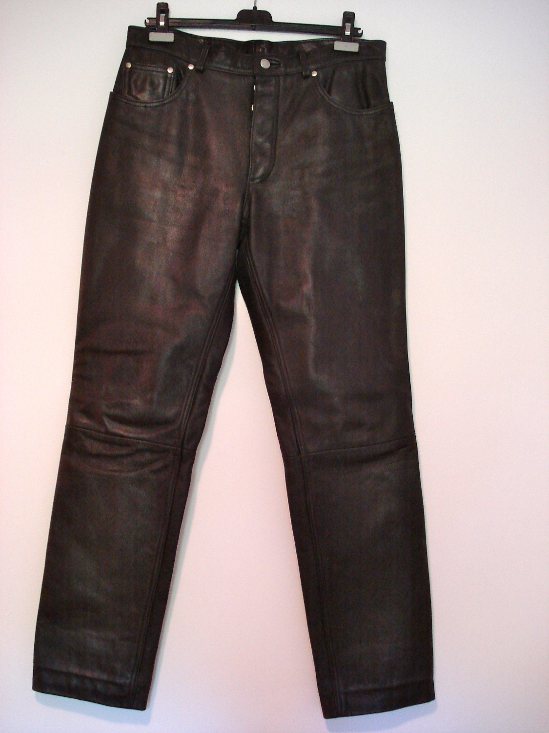 1980s Men's Black Leather Pants - Boot cut - Button fly