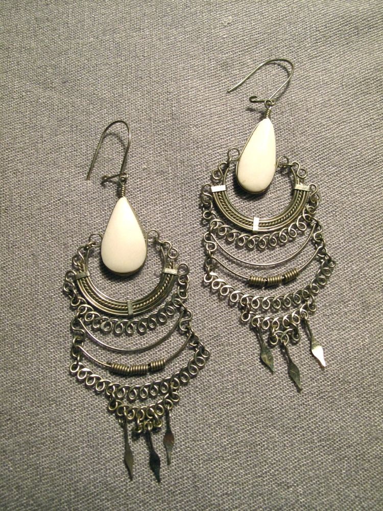 80s Silver Gypsy Earrings - New/Old Stock - Made in Peru - White Stones