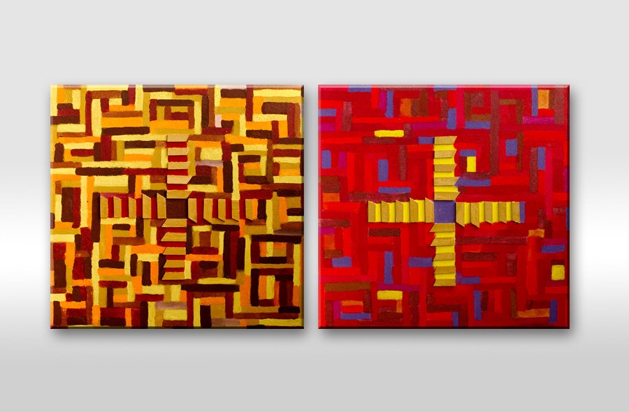 Art Abstract Original Painting Modern Geometric diptych Brown yellow orange red. Textured artwork. Handmade Wall decoration art