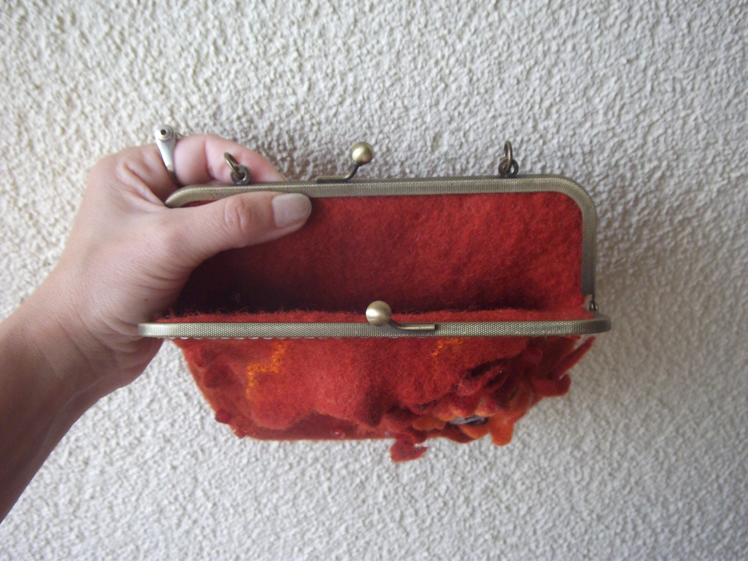 Nunofelted purse, Small bag, red orange hand crafted with flower, eco friendly, gift under 50