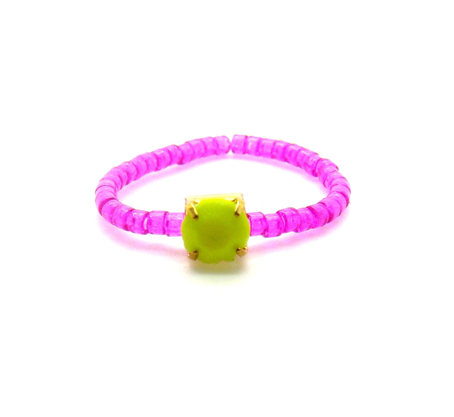 Fuchsia Beaded RING w/ Neon Yellow Rhinestone - Friendship Ring
