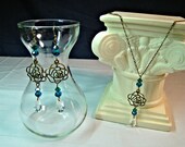 Beautiful One of a Kind Bronze Copper Swarovski Crystal Bluegreen Necklace and Earrings Jewelry Set