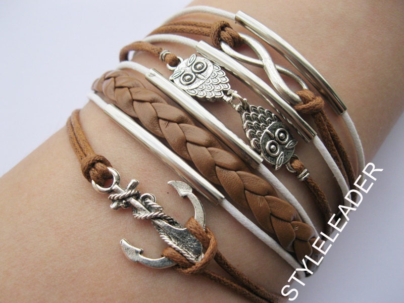 Bracelet-antique silver infinity bracelet,owls bracelet,anchor bracelet