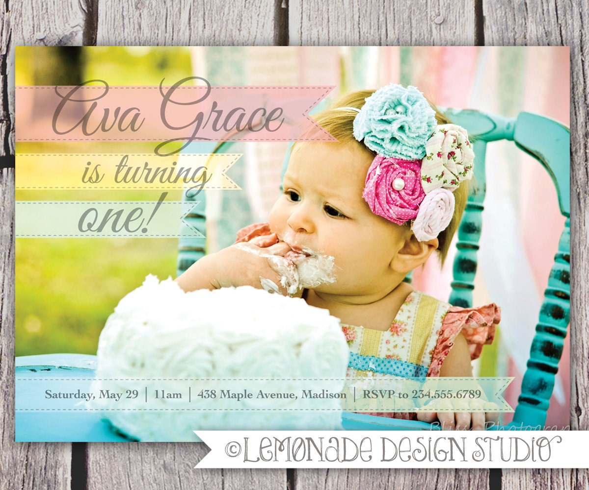 Photo Birthday Invitation - Printable Invite - Full Photo - Shabby Chic - Girly Birthday - Boy Colors too - ANY AGE or Birth Announcment