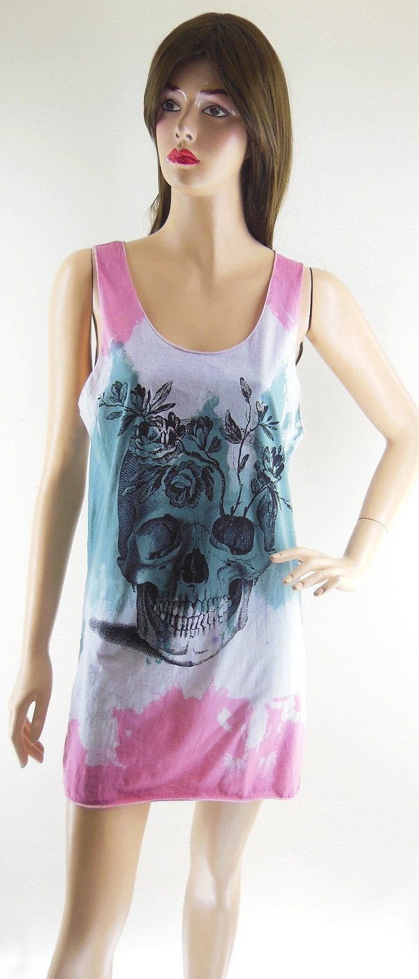 Skull Flowers Skull Art Design Art Fashion Skull T-shirt Skull Shirt Tank Tops Dyed Fabrics Tunic Screen Print Size M