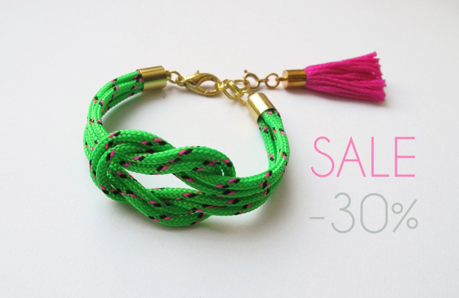 SALE Neon green knot rope bracelet with tassel charm
