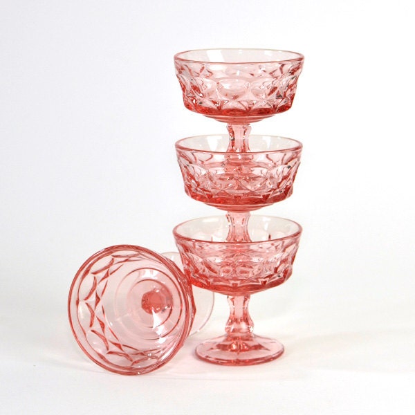 Pink Glass Goblet Set - Cups or Dessert Sundae Bowls, Pretty Shabby Chic - Vintage Home Kitchen Decor or Use