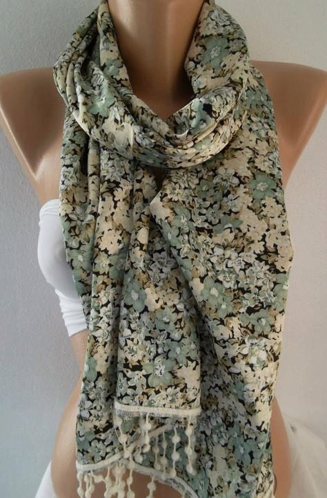 Silk Satin - Green and Beige - Elegance Scarf.... Soft and light