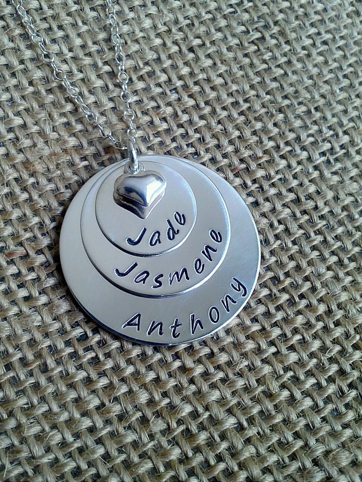 Hand Stamped Mom/Grandmother Necklace - Personalized Family Necklace - 3 Sterling Silver Discs and Puffy Heart Charm