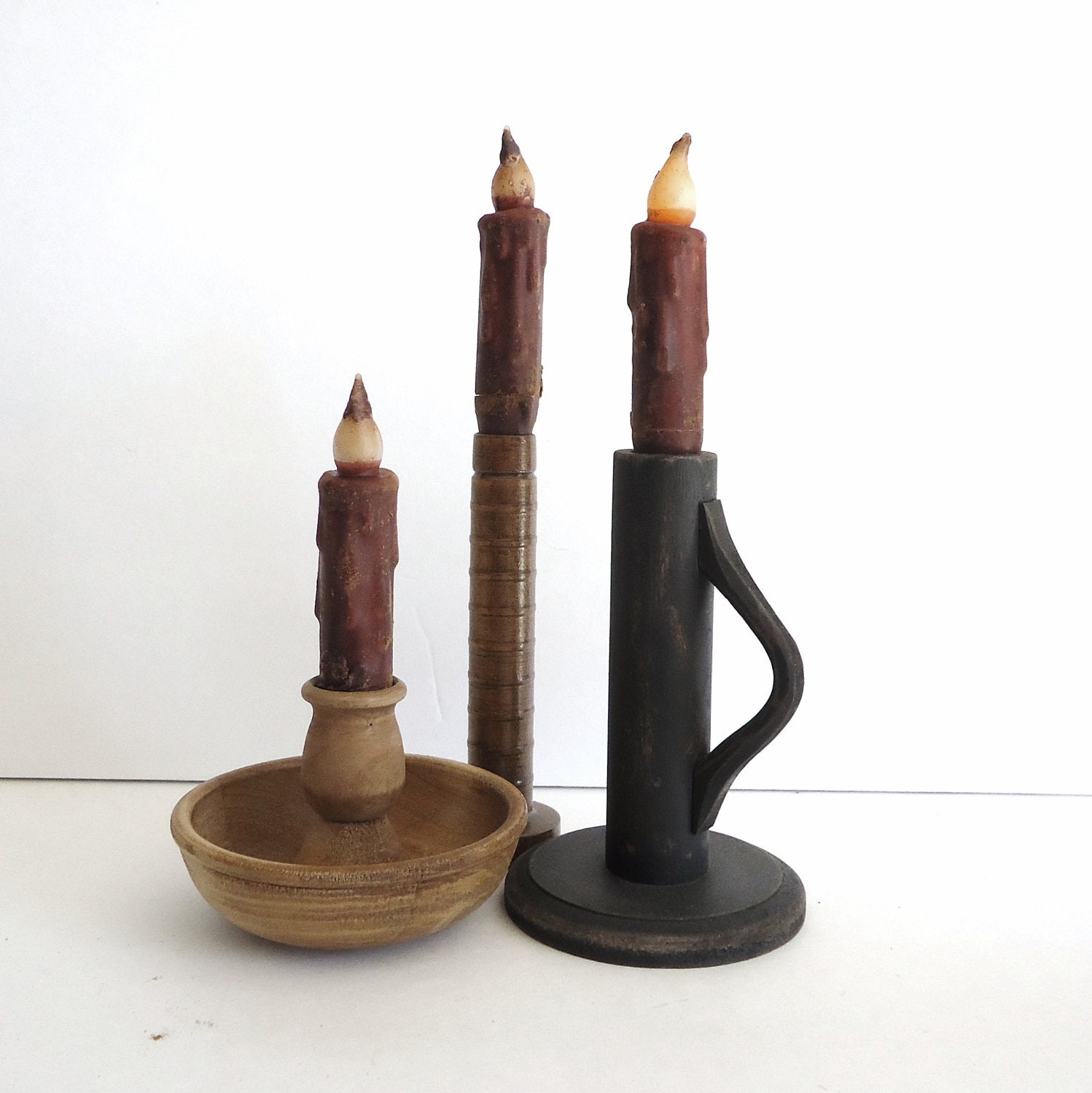 JMA Primitive Country Gray Flameless Taper Candle Set - Battery Operated With Timer - 4 Pieces