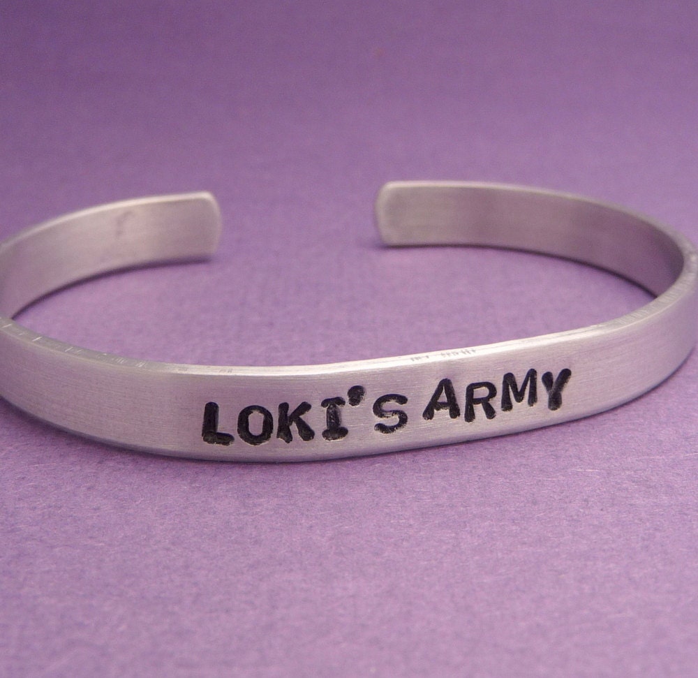 The Avengers Inspired - Loki's Army - A Hand Stamped Aluminum Bracelet