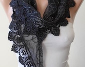 Mother's Day - Black Lace Scarf with Black Lace Trim Edge - Triangular - silvery