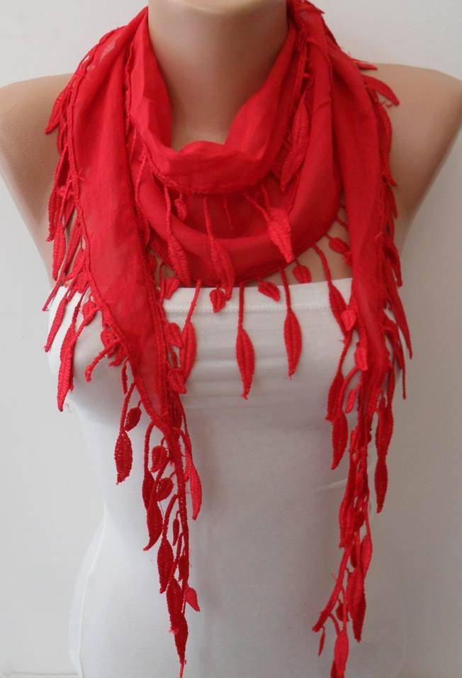 Red Scarf with Red Trim Edge - Summer Scarf --Lightweight-