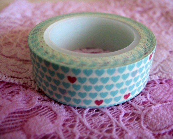 Washi Tape - Teal & Red Heart Japanese Washi Tape