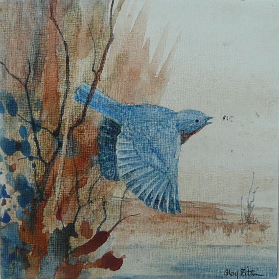 Bluebird and Reeds Original Painting