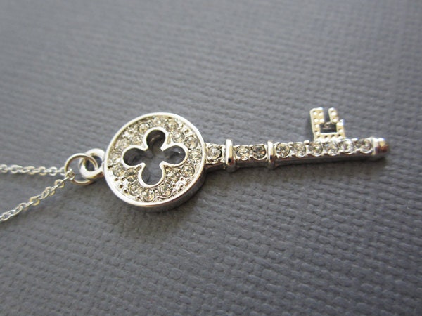 Rhodium plated Key necklace, Cubic Zirconia, four leaf clover key charm.