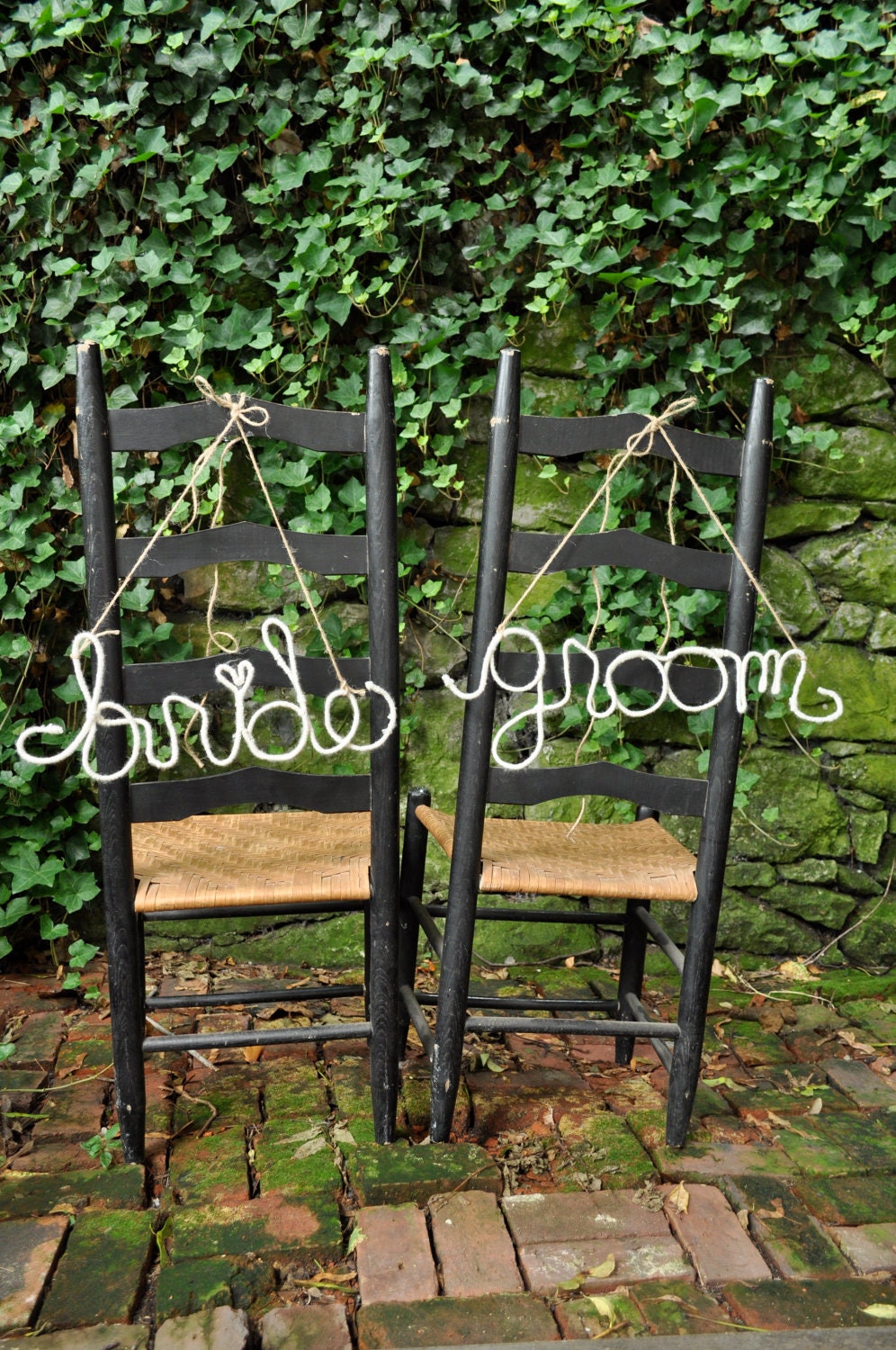 Bride and Groom Upcycled  Yarn Word- White Wire Word-- Wedding Chair Tags