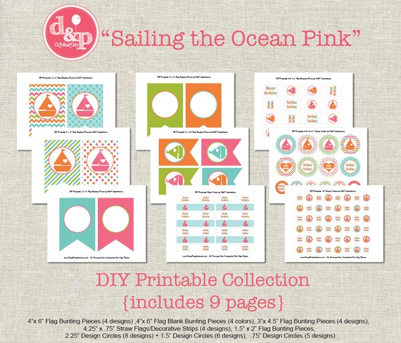 DIY Party Printable Sailing the Ocean Pink Collection Il_570xn