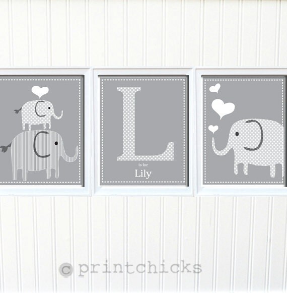 Elephant Print - Nursery or Toddler Room Decor - Personalized Elephant Print Set - 8 x 10