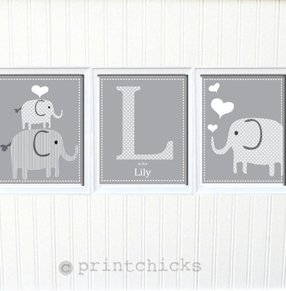 Elephant Print - Nursery or Toddler Room Decor - Personalized Elephant Print Set - 8 x 10