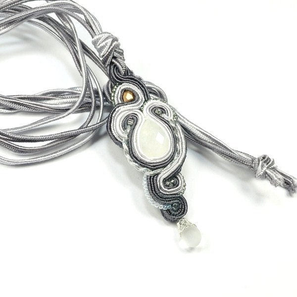 Hand Embroidered Necklace. Soutache Necklace. Soutache Necklace with Moonstone. Weddings. Gray Necklace. Soutache Jewelry.