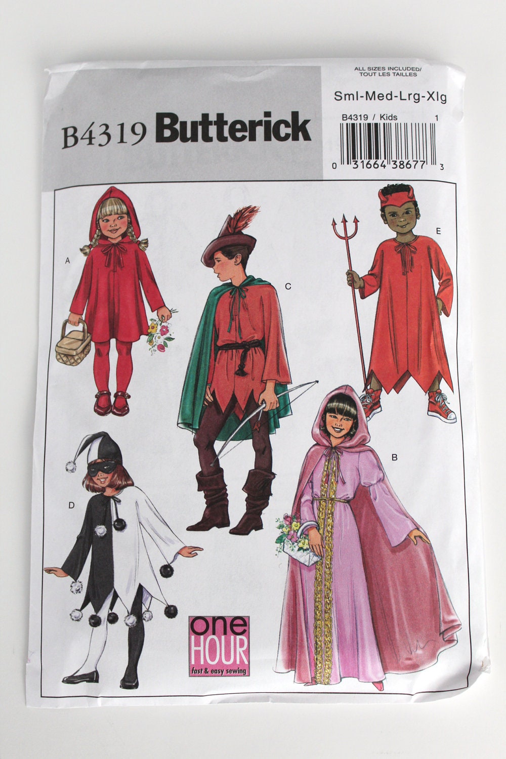 Childrens Halloween Costume Pattern New uncut Butterick Red Riding Hood Jester Robin Hood Little Devil Maiden all sizes