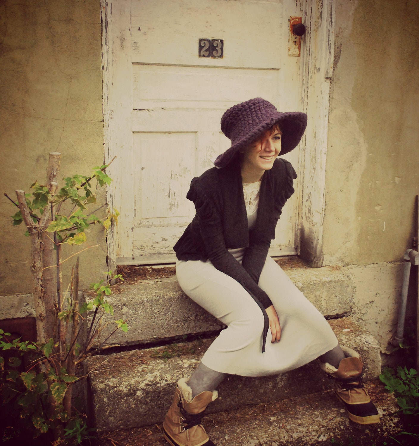 Eco-handmade knit hat with large brim. color plum / eggplant. one size