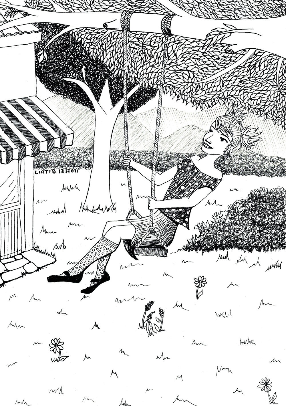girl on a swing, 8x10 inch black and white illustration print on paper. nursery room wall décor for baby shower
