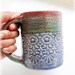Special Color, Unique Mug, A  Beautiful Green & Blue with Red Rim, Sweet Lace Imprint Handmade Ceramic Mug
