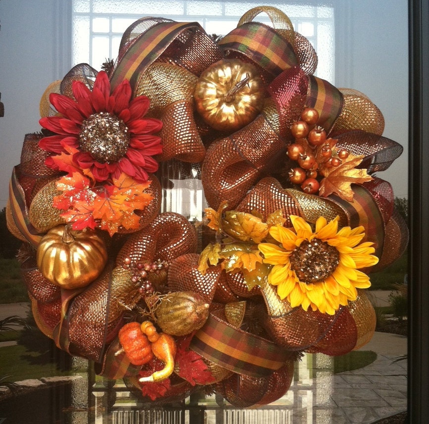 Fall Sequin Sunflower and Pumpkin deco mesh Wreath