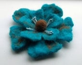 Felted flower brooch, wet felted wool flower, turquoise and brown