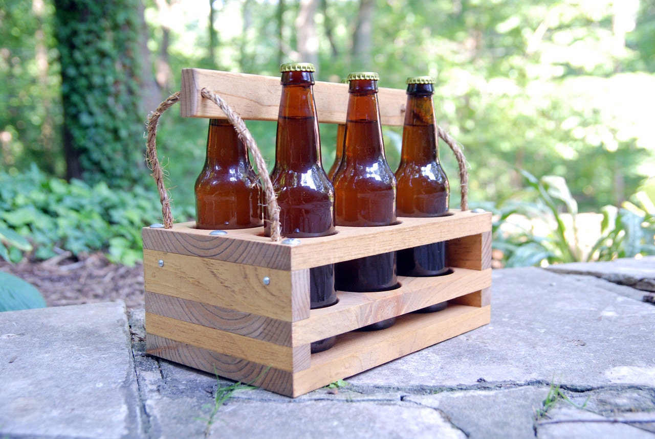 Wood 6-Bottle Beer Carrier-- Homebrew Gift