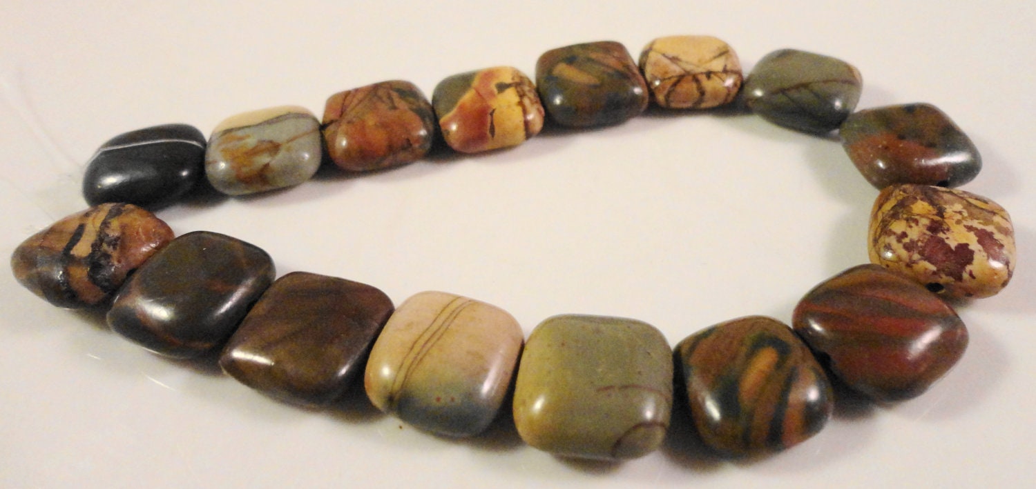 Picasso Jasper Gemstones 12x12mm Flat Puffed Square Red Creek Jasper Natural Multicolor Gemstone Beads on a 7 1/2 Inch Strand with 16 Beads