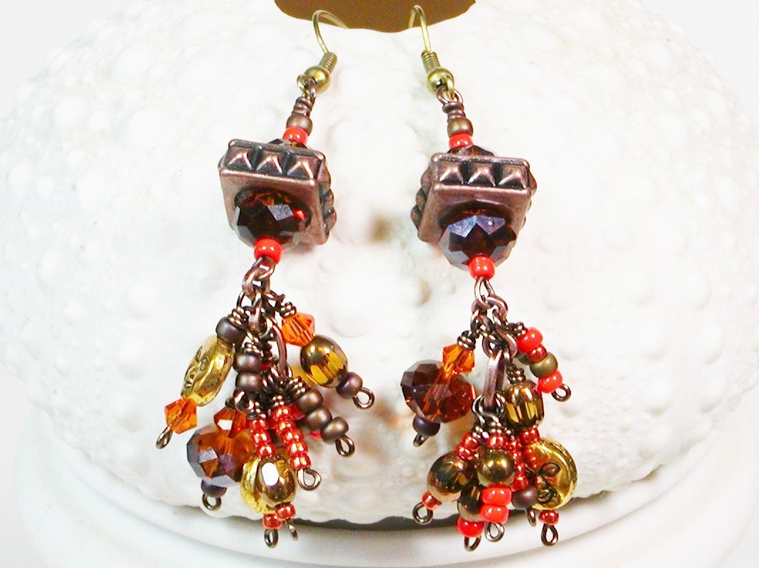 Copper Earrings, Wire Wrapped, Crystal and Sun