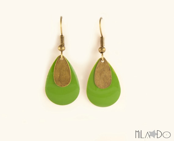 Boucles d'oreilles Gouttes email et bronze vert olive