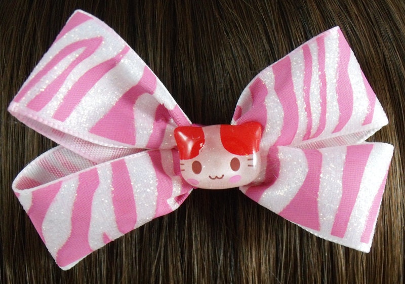 Pink zebra stripe hair bow with red kitten resin