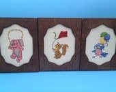 3 vintage children's cross-stitch wall hangings - elephant, squirrel, bird with balloons - retro and cute