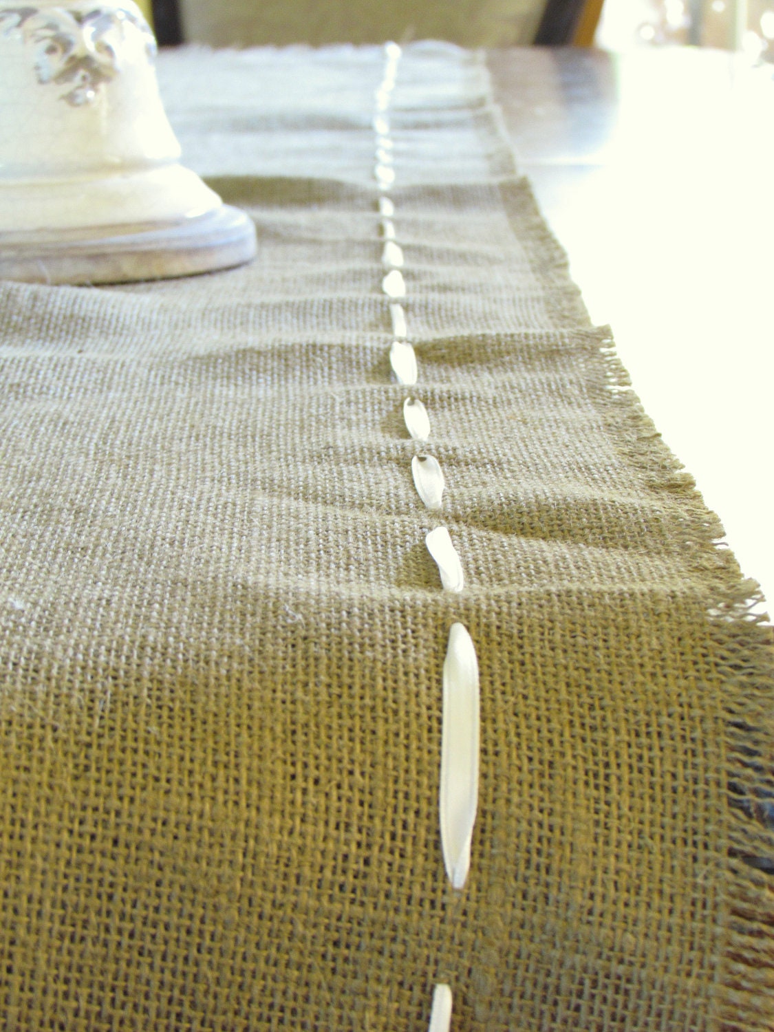 Ivory Ribbon & Burlap Table Runner