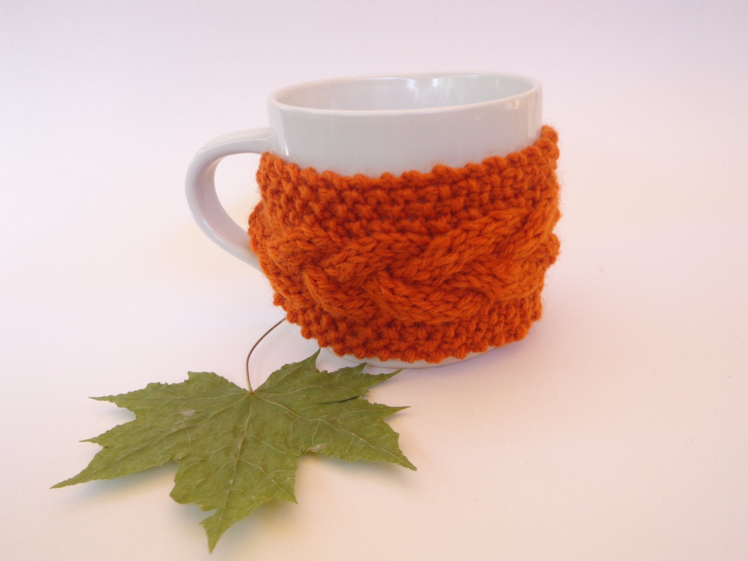 Orange cup cozy, knitted with braids, soft, warm - SpringFresh