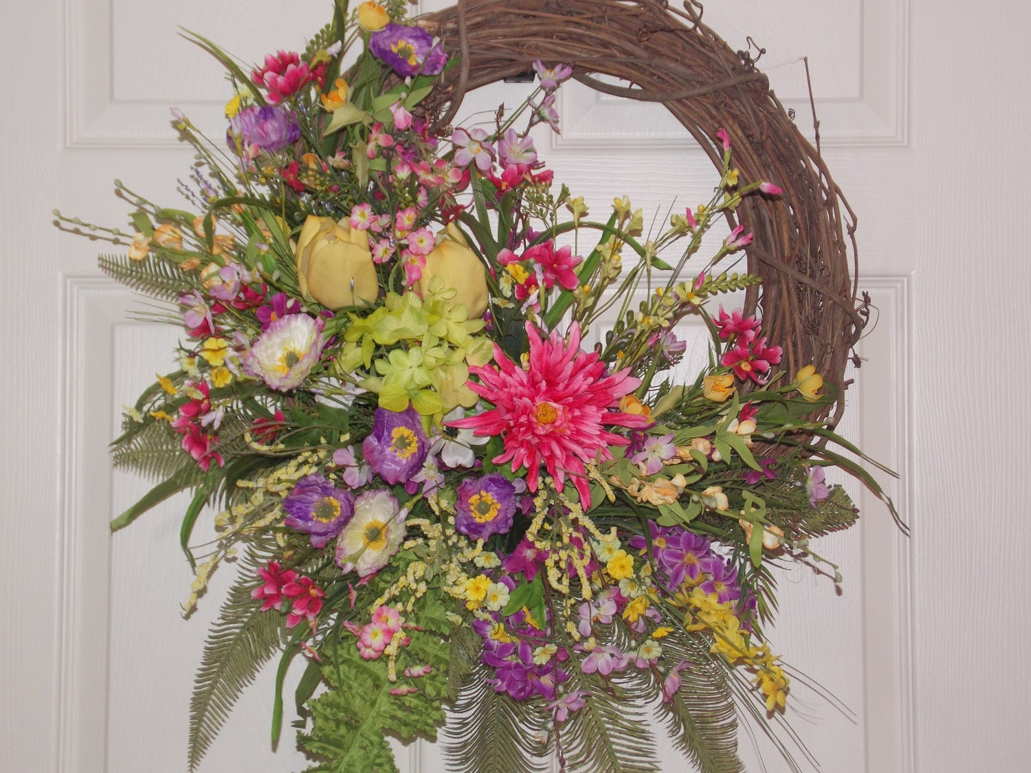 Spring Summer Door or Wall Wreath with Flowers of Purple, Yellow, Pink, Summer Grapevine Wreath Complimened with Greenery &  Grass