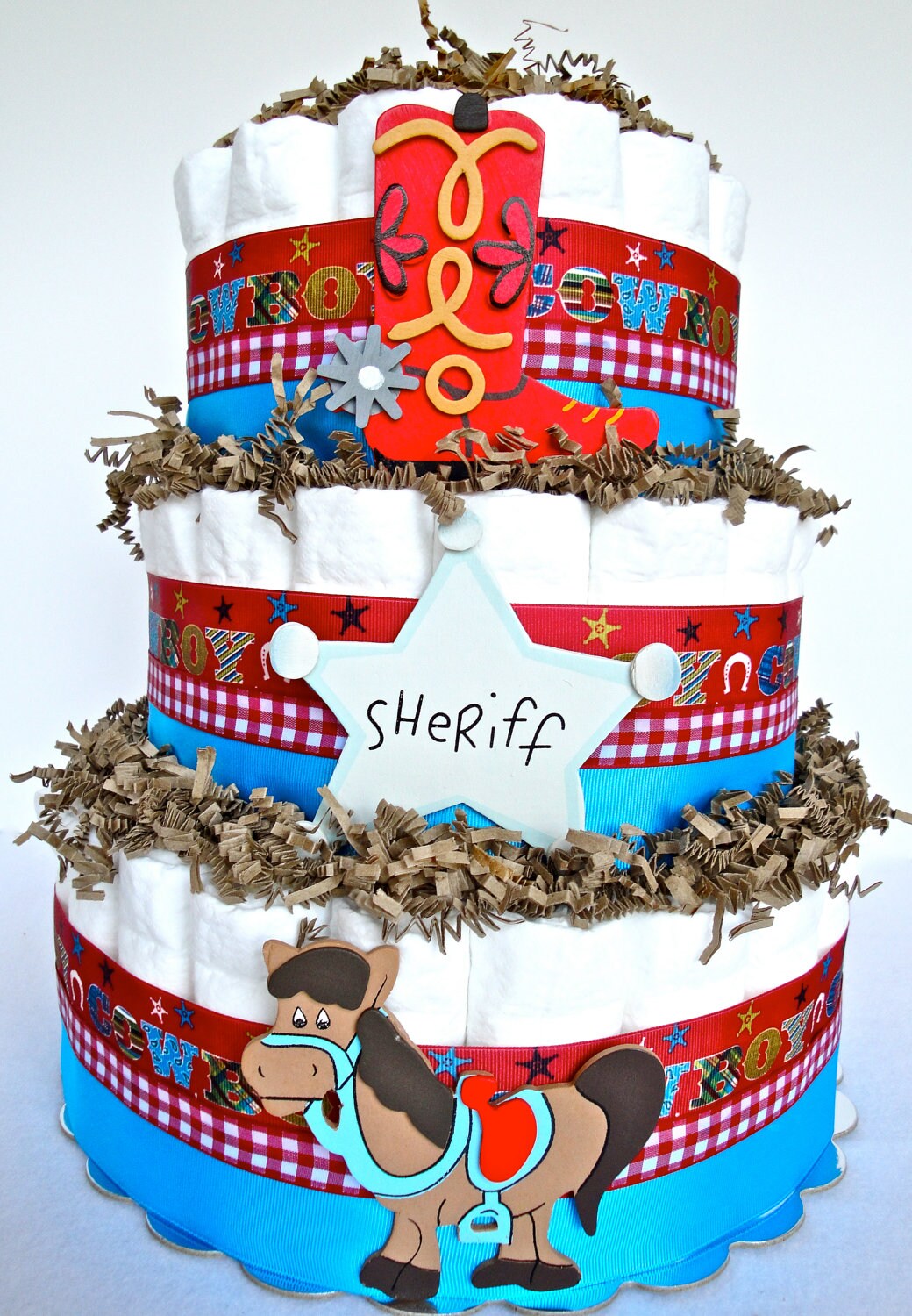 Diaper Cake Red & Blue Cowboy Baby Boy by DomesticDivaDesignz