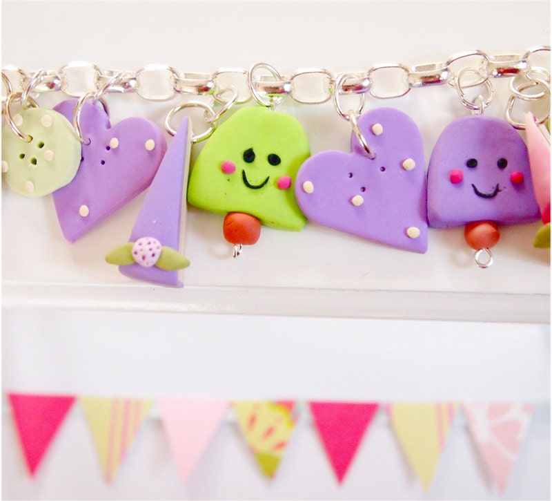 Charm Bracelet, Cake, Buttons and lolly beads -Perfect for summer. Purple and green theme