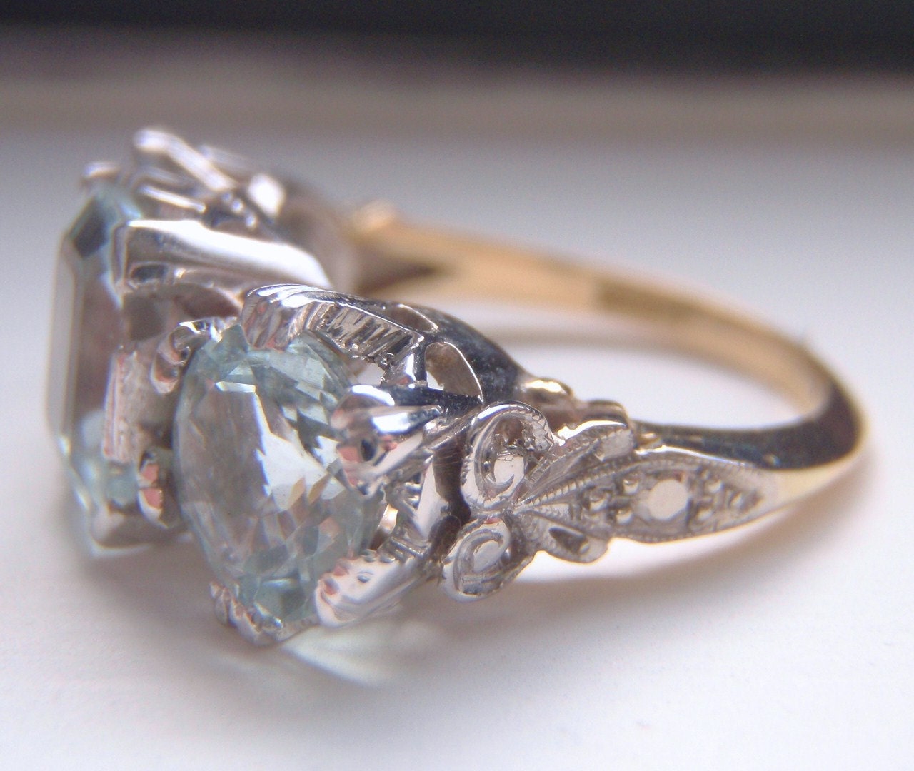 SALE SALE 2.74 Carats of Dazzling Aquamarines. An Impressive Vintage Engagement Ring with Individuality. Quality 18CT Gold.