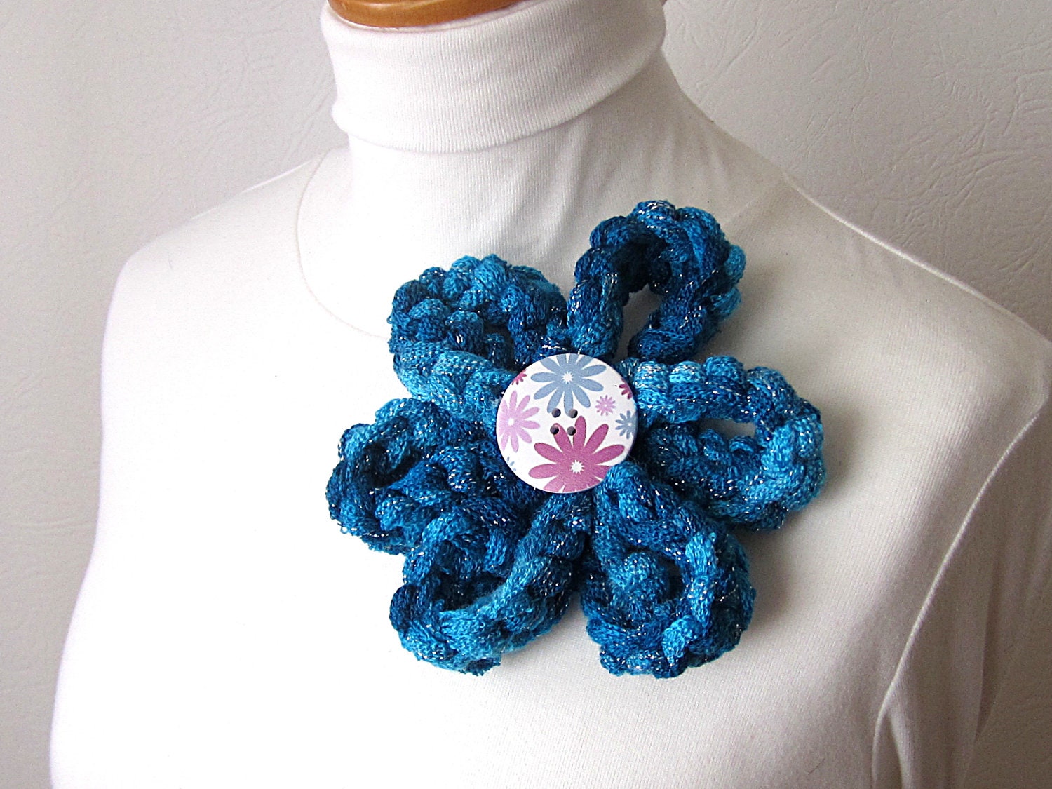 Blue Knitted Corsage, Teal Yarn Flower, knitted Accessory,