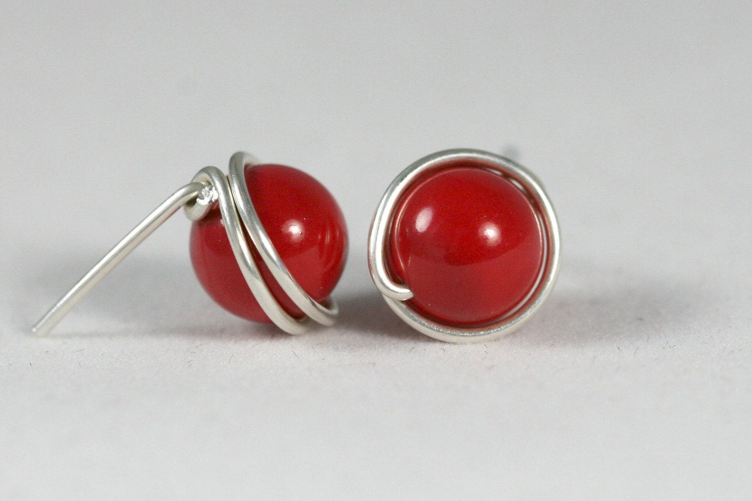 Large Red Coral Earrings Wire Wrapped Jewelry Handmade Red Coral Stud Earrings Sterling Silver Jewelry Handmade Red Stud Earrings